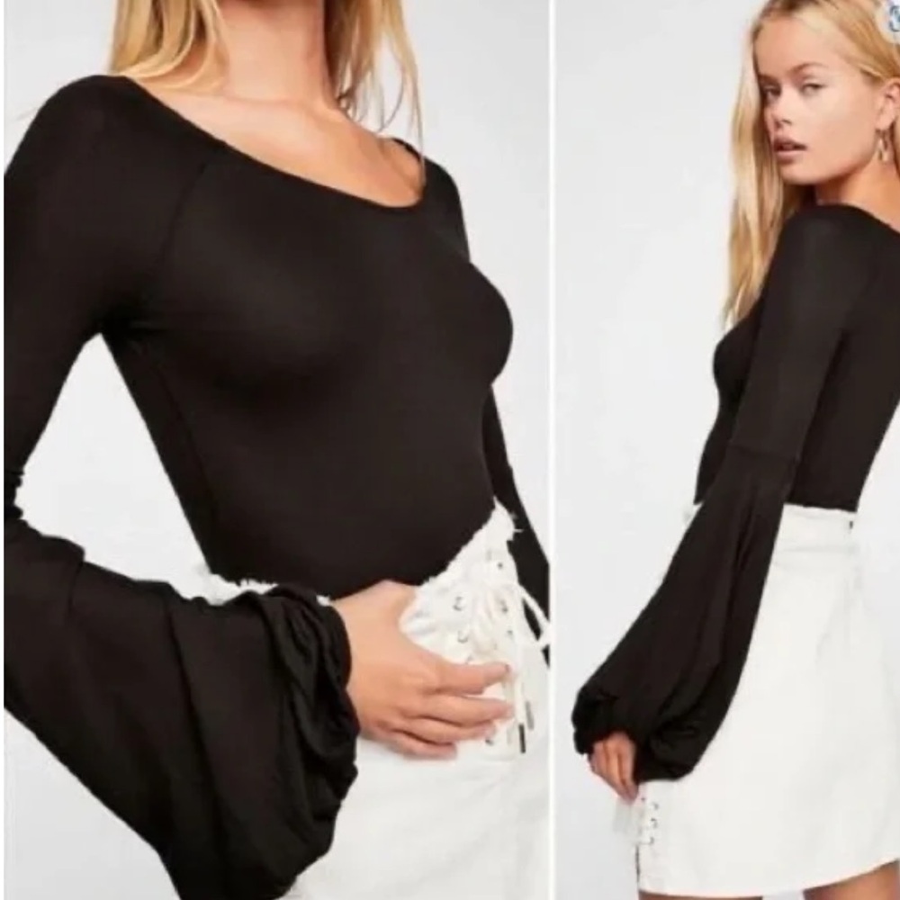 238 -‎ Black Tie Back Blouse - Size S Bellbottom Sleeves Western